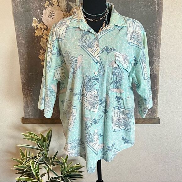 Jess Vintage 70s 80s Blue America Commerce Travel Button Up Coastal Blouse Sz XL - Picture 1 of 16